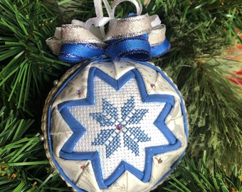 Christmas Ornament, Handmade Cross-stitched Quilted Ornament with Gift Box, Swarovski crystals, Folded Fabric Star Blue, Silver, White