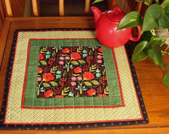 Modern Quilted Table Topper, Christmas Colors, Table Runner, Candle Mat, Mini Quilt, 15 x 15 inches