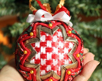 Quilted Christmas Ornament with gift box, Red and White Ribbon Woven Center, Folded Fabric Handmade Holiday Ornament Gold Red & White