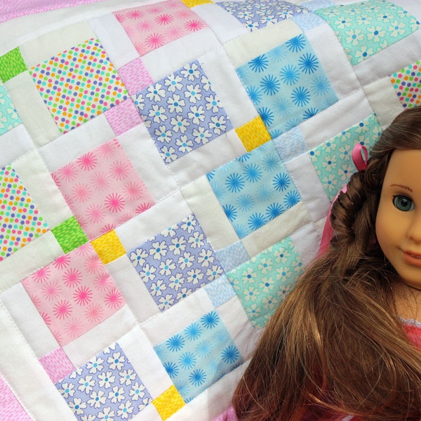 Handmade Pastel Patchwork Doll Quilt & Pillow for 18" Doll like an American Girl Doll in Moda's "Giggles" Fabric