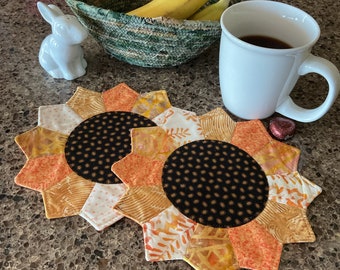 Pair (2) Sunflower Quilted Dresden Plate Mug Rugs, Large Coasters, 8 inch reversible Candle Mats, Handmade Pieced Mini Quilts