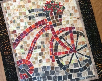 Abstract Mosaic Bicycle Fiber Art Quilted Wall Hanging, Textile Art, Fabric Bike Wall Quilt, Handmade Modern Quilted Art