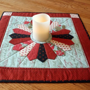 Christmas Dresden Plate Quilted Wall Hanging, Table Topper, Red, Blue, and Black 18 inches