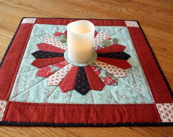 Christmas Dresden Plate Quilted Wall Hanging, Table Topper, Red, Blue, and Black 18 inches