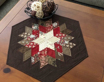 Quilted Table Topper,  Handmade Table Runner, Pieced Diamonds in brown, beige, deep reds, reversible, hexagon