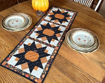 Pumpkin Table Runner, Quilted Fall Wall Hanging, Halloween, Autumn Colors, orange, rust, pumpkin, brown, black, 12-1/2 x 35 inches