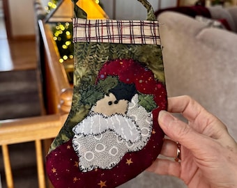 Quilted Mini Christmas Stocking, Small Santa Stocking, Holiday Tree Ornament, 5 x 7.5 inches