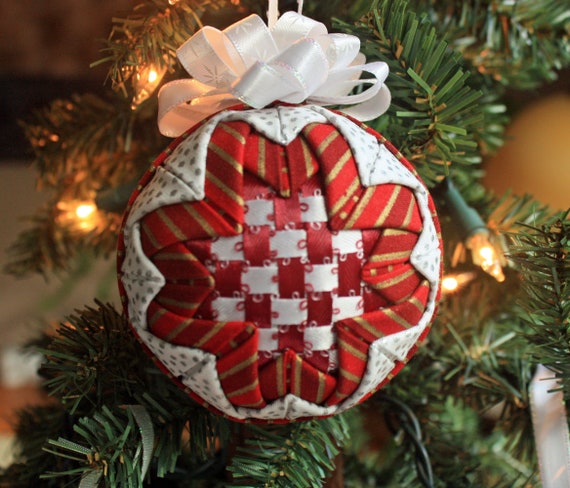 Quilted Christmas Ornament With Red And White Ribbon Woven Etsy