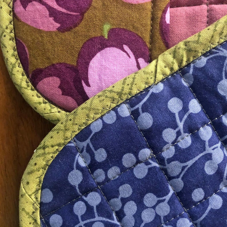 Pincher Pad Potholders, One Pair set of 2 Handmade Pot Holders that protect your hands, oven mitt, Purple Plums and Olive Greens with Blue image 5