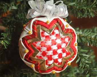 Quilted Christmas Ornament with Gift Box, Red and White Ribbon Woven Center, Folded Fabric Handmade Sparkly Holiday Ornament Gold Red White