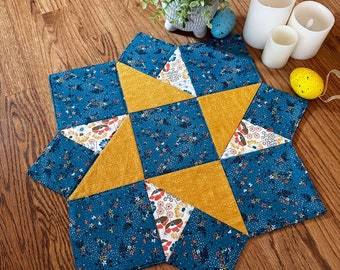 Star Table Topper in yellow & blue, Quilted Table Runner, 19.5 x 21 inches