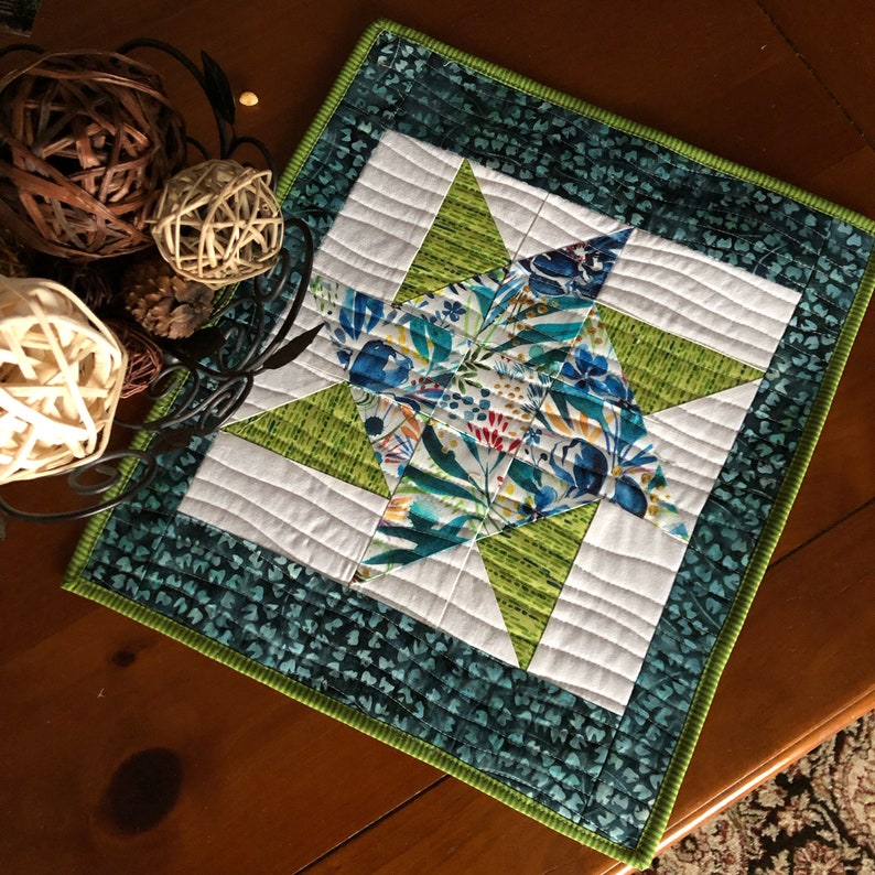 Quilted Blue and Green Spinning Star Table Topper Large Mug Etsy
