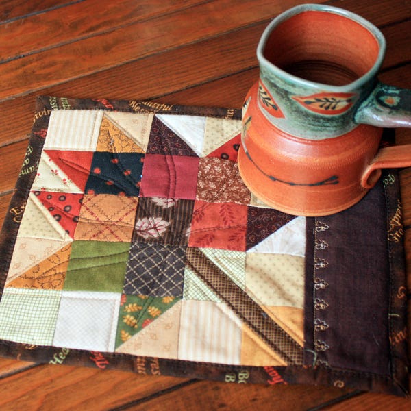 Maple Leaf Mug Rug, Quilted Snack Mat, Patchwork Fall Mini Quilt, Handmade Little Quilt, Small Placemat, Coworker Gift, 8.5 x 10.5 inches