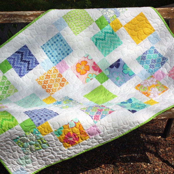 Modern Baby Girl Quilt, Lap Quilt, Moda Giggles Fabric, Disappearing 9-Patch, blue, green, white, pink, orange, Tummy Time blanket, Handmade