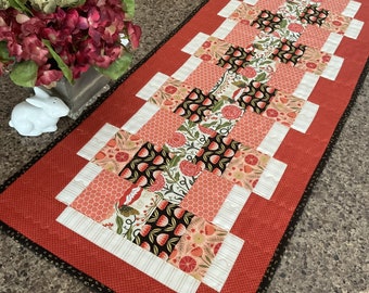 Quilted Table Runner, Modern, cinnamon, peach, black, white, 14 x 36 inches