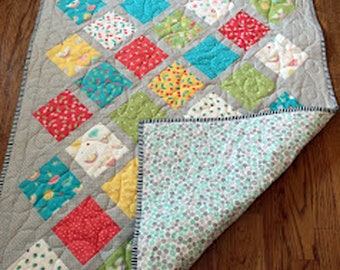 Modern Baby Quilt, Handmade Quilt with Pieced Diamonds, Grey, White, Yellow, Turquoise, Stroller Blanket 33x40" bees, rainbows, berries