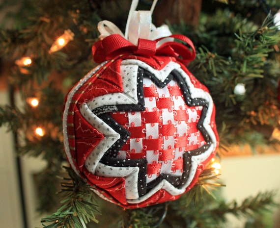 Quilted Christmas Ornament With Red And White Ribbon Woven Etsy