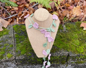 Pink and Green vine and flower crocheted wrap necklace