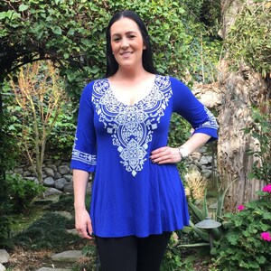 Plus Size Tunic, Tunic Top, Top, Tunics, Plus Size Top, Plus Size Clothing, Royal Blue White Stitch S XL 2X 3X,  V Neck. Bell Sleeve
