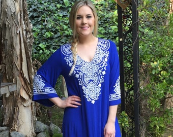 Plus size dress, Womens Plus Size, Dresses, Ethnic Clothing, Tunic, Dress, Plus Sizes, Bell sleeve Dress, Royal Blue & White, 2X 3X