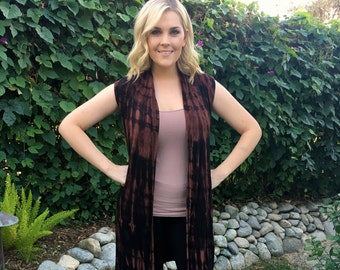 Maxi Vest, Long Vest, Women's Cardigan, Tie Dye Vest Cardigan, Maxi, Fall Vest, Tie Dye in Black & Brown, S/M  L/XL  Plus