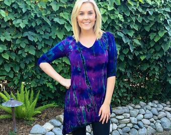 Tie Dye Asymmetric Tunic, Womens Clothing, Tunic Dress, V Neck Tunics, Hippie Clothes, Purples, Blue & Black S only,  3/4 Sleeves