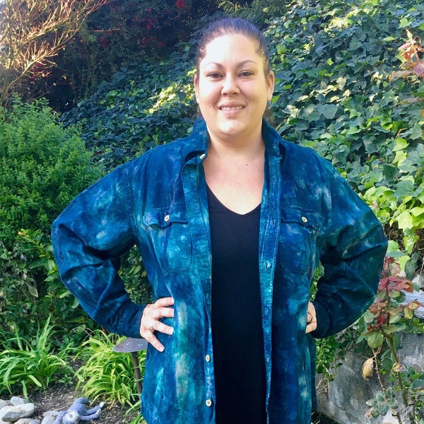Plus Size Cotton Denim Shirt Jacket, Tie Dye Teal and Greens Cotton Button Up Shirt, Pure Intent Flannels, one of a kind Tie Dye Cotton