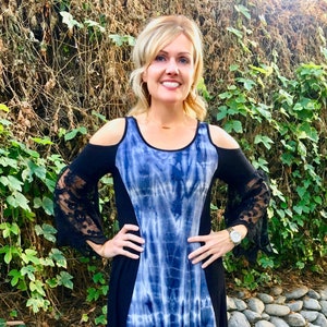 Plus Size Dress, Tie Dye Dress, Plus Size Clothing, Black Lace Sleeve, Plus Size Fashion, Black with White, S M L XL 2X 3X