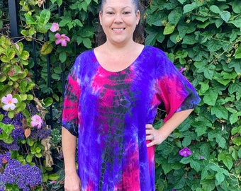 Vestido bohemio de talla grande, vestido tie-dye de talla grande, vestido caftán, tie-dye fucsia morado, gasa de algodón, vestido de talla grande, talla grande, manga suelta