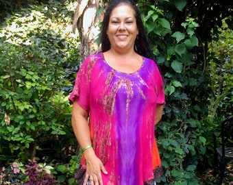 Plus Size Tops, Plus Size Tie Dye, Boho Tops, Summer Tops, Womens Cotton Gauze Top, Fuchsia Purple Brown, w/Brown Lace Trims, L/XL or 2X/3X