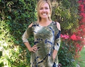 Pocket Tunic, Tie Dye, Woman Tunic, Womens Fashion, Open Shoulder, Boho Tunic,Dyed Olive Beige Black, S M L XL 2X, Scoop Neck, 3 4 Sleeve
