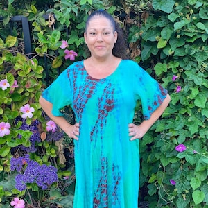 Plus Boho Dress, Tie Dye Dress Plus Size, Caftan Dress, Cotton Gauze, Plus Size Dress, Plus Size Only, Turquoise Green Brown, Loose Sleeve