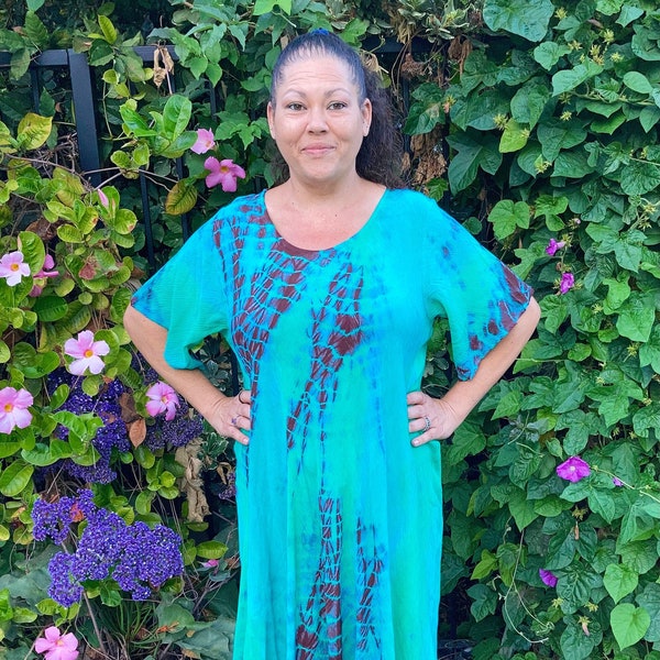 Plus Boho Dress, Tie Dye Dress Plus Size, Caftan Dress, Cotton Gauze, Plus Size Dress, Plus Size Only, Turquoise Green Brown, Loose Sleeve