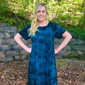 Cotton T Shirt Dress, Tea Length dress, Tie Dye Dress, Cotton Dresses, Hippie Dress, Shade of Teal & Brown, XL Only