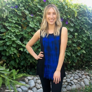 Tunic Tank Tops, Tie Dye Tunic, Tank Tops, Women's Tank Top, Black Tunic with Deep Royal Blue, XS S M 2XL 3XL Round Neck