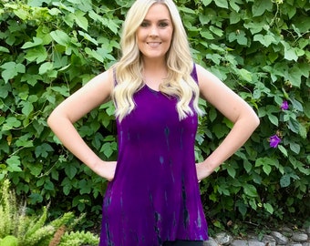 Plus Size Tie Die, Plus Size Tank Tunic, Asymmetric Tank, V Neck Tunic Dress, Plus Size Hippie Clothes, Purples, Blue & Black S only