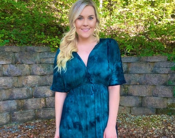 Sukienka maxi w dużym rozmiarze, sukienka tie-dye, sukienka maxi, sukienka w dużym rozmiarze, odzież damska w dużym rozmiarze, sukienka kimono, odcienie turkusu i czerni, 2X 3X