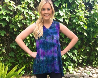 Summer Tank, Cotton Tunic, Tie dye top, Tunics, Tunic top, Cotton Fashion Top, Gather Back, Teal, Purple Black, V Neck, S only