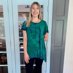 Tie Dye Tunic Top, Boho Tie Dye, Womens Fashion, Boho Tunic, Dyed Emerald and Turquoise Black, S M only, Round Neck, Flutter Sleeve