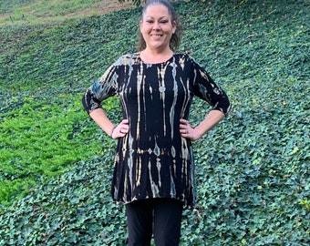 Tuniki w dużych rozmiarach, topy typu tunika boho, top z nadrukiem tie-dye, tunika z okrągłym dekoltem, damskie plus size, czarne z turkusowo-szarym, S M XL 2X 3X 4X, rękawy 3/4
