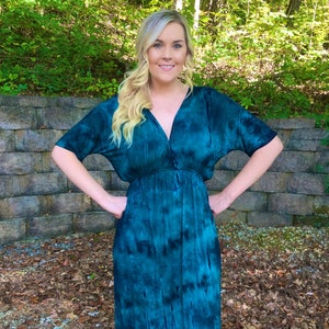 Plus Size Maxi, Tie Dye Dress, Maxi Dress, Plus Size Dress, Womens Clothing Plus Size, Kimono Dress, Shades of Teal & Black, XL 2X 3X image 2