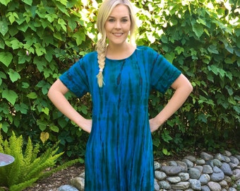 Plus Size Dress, Tea Length dress, Tie Dye Dress, Plus Size Cotton Dress, Hippie Dress, Blues Green & Brown, L, XL or Plus