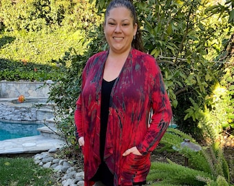 Plus Size Tie Dye Merlot Red Cardigan with Pockets, Plus Size Boho Womens Sweater Cardigan, Plus Size Fashion Cardigan, S/m L/XL Plus