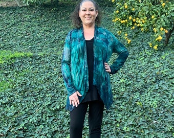Cárdigan de talla grande con teñido anudado, cárdigan de ganchillo teñido, cárdigan de talla grande para mujer, azul marino bosque con encaje negro, teñido anudado, S/M L/XL Tallas grandes