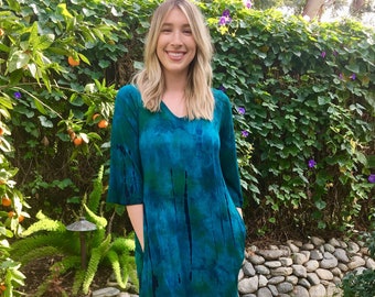 A line Maxi Dress, Summer Maxi dress, Tie Dye Maxi, Loose Sleeve Maxi with Pockets, Boho Maxi, Blues, Green & Black, S only