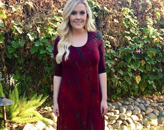 Tie Dye Dress, Dresses, Dyed in Merlot Reds Black, Tea Length Dress, 3/4 Sleeve, Round Neck Dress, Womens clothing Dress, S M L XL 2X 3X