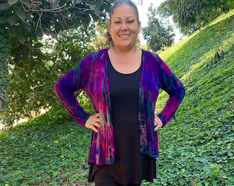 Cárdigan Tie Dye, Cárdigan, Cárdigan para mujer, Tie Dye, Cárdigan con paneles, Fucsia, Morado con negro, S/M o L/XL
