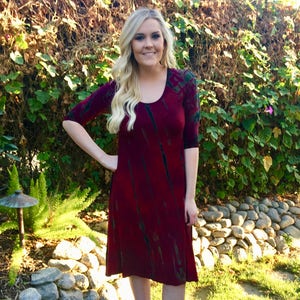 Plus Size Dress, Tie Dye Dress, Plus Sizes, Tie Dye, Tunic Dress, Dyed in Merlot Red & Black,  2X 3X, Round Neck