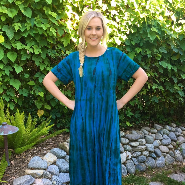 Cotton Dress, Tea Length dress, Tie Dye Dress, T Shirt Dress, Hippie Dress, Blues Green & Brown, L, XL or Plus