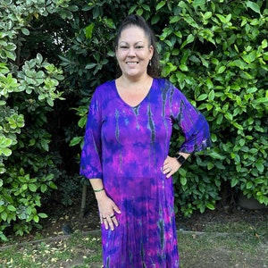 Plus Size Maxi, Maxi dress, Tie Dye Maxi, Loose Sleeve Boho Maxi, Plus Size Hippie Dress Pockets, Fuchsia Purple Black, M L XL 2X 3X 4X
